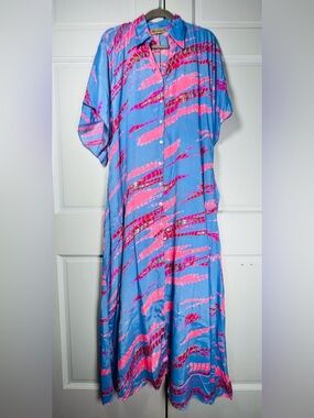 Mandalay Vintage Silk Blend Button-Front Blue/Pink Print Maxi Dress Pockets O/S